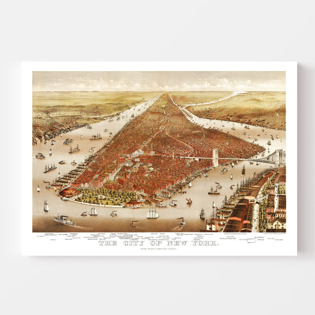 Vintage Map of New York City, New York 1884