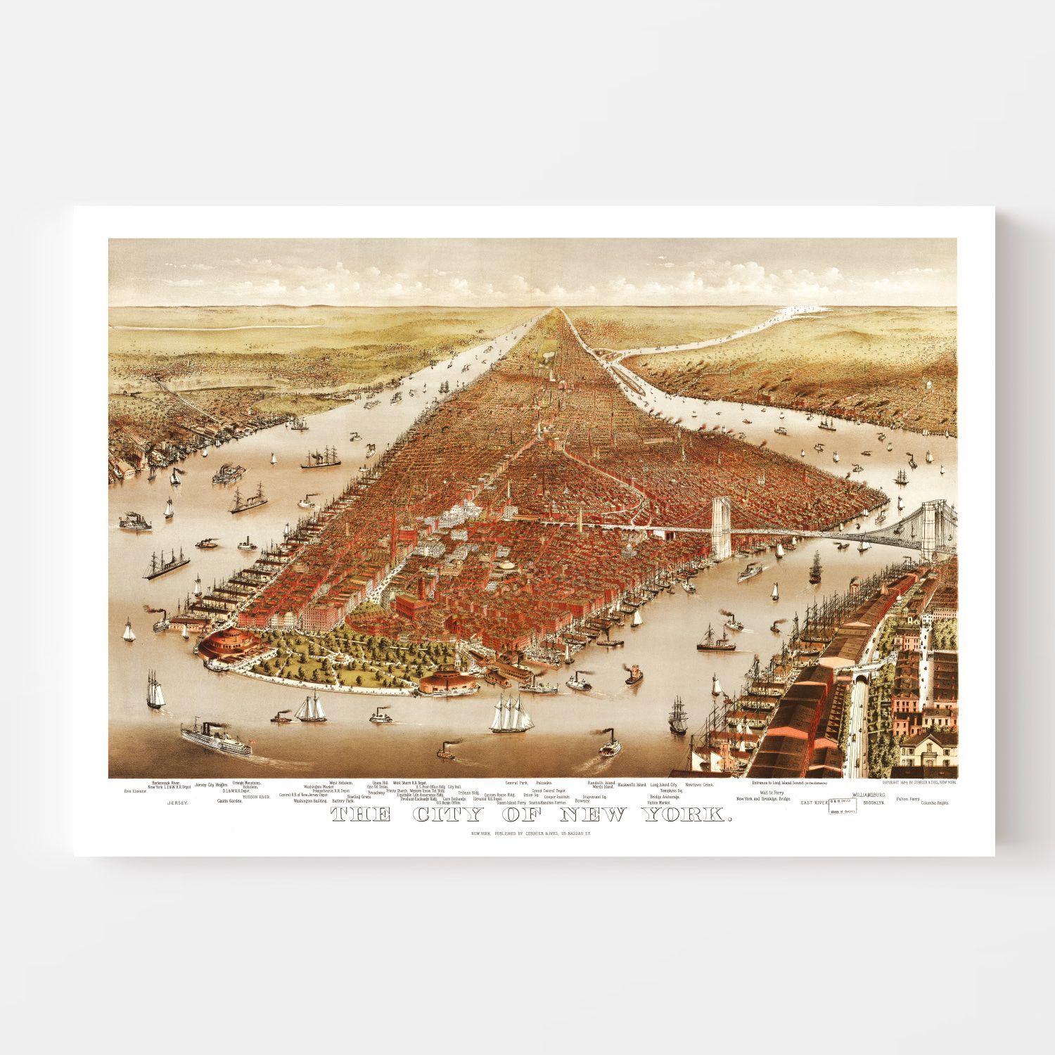 Vintage Map of New York City, New York 1884