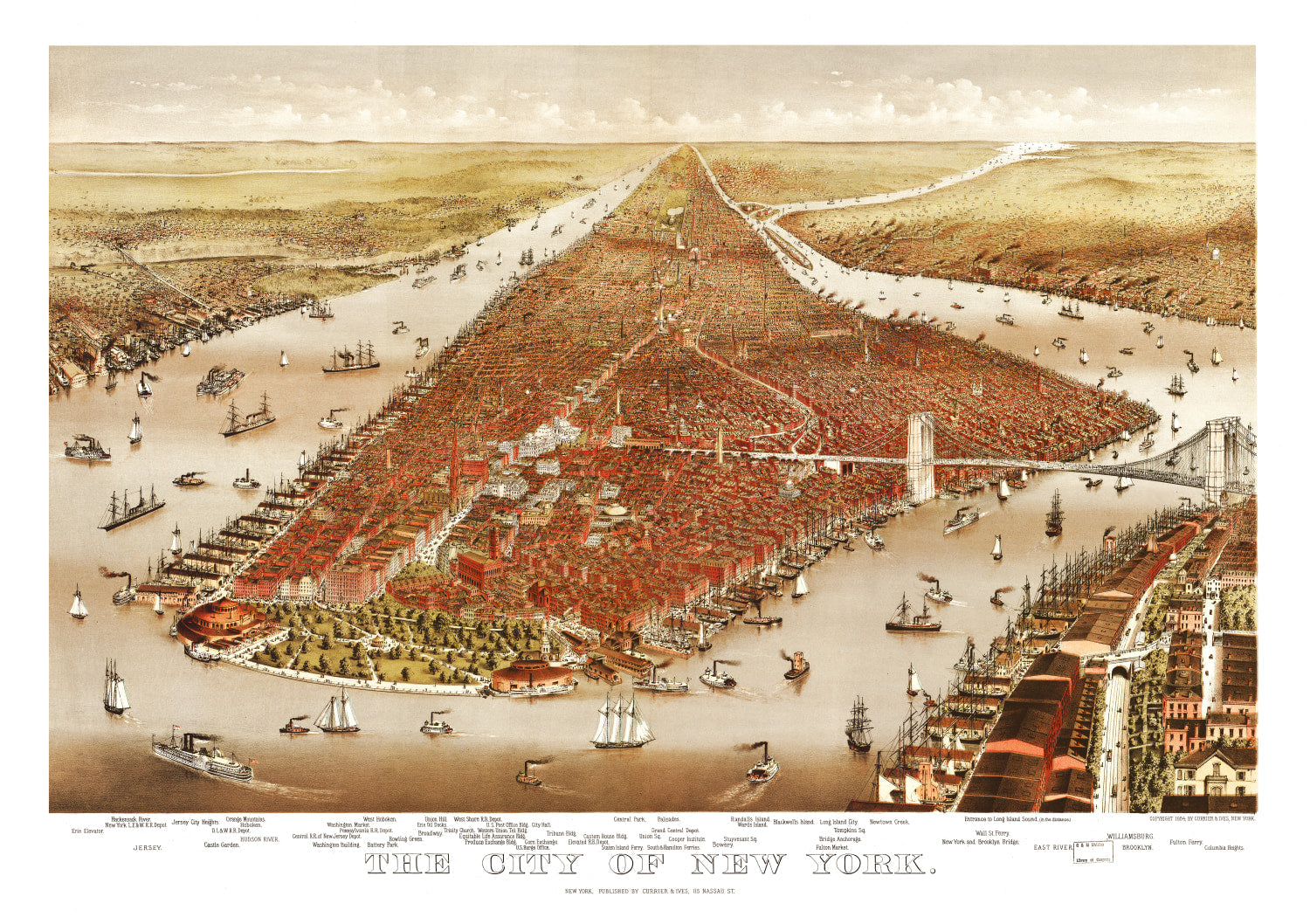 Vintage Map of New York City, New York 1884
