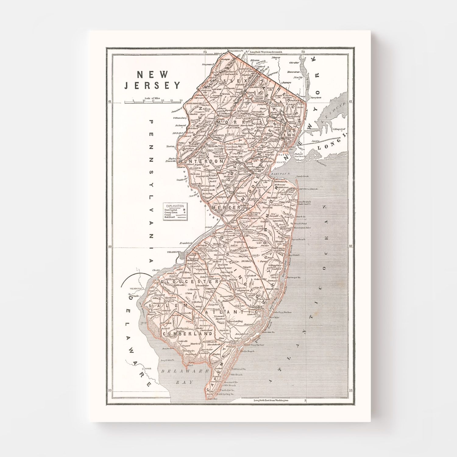 Vintage Map of New Jersey 1846