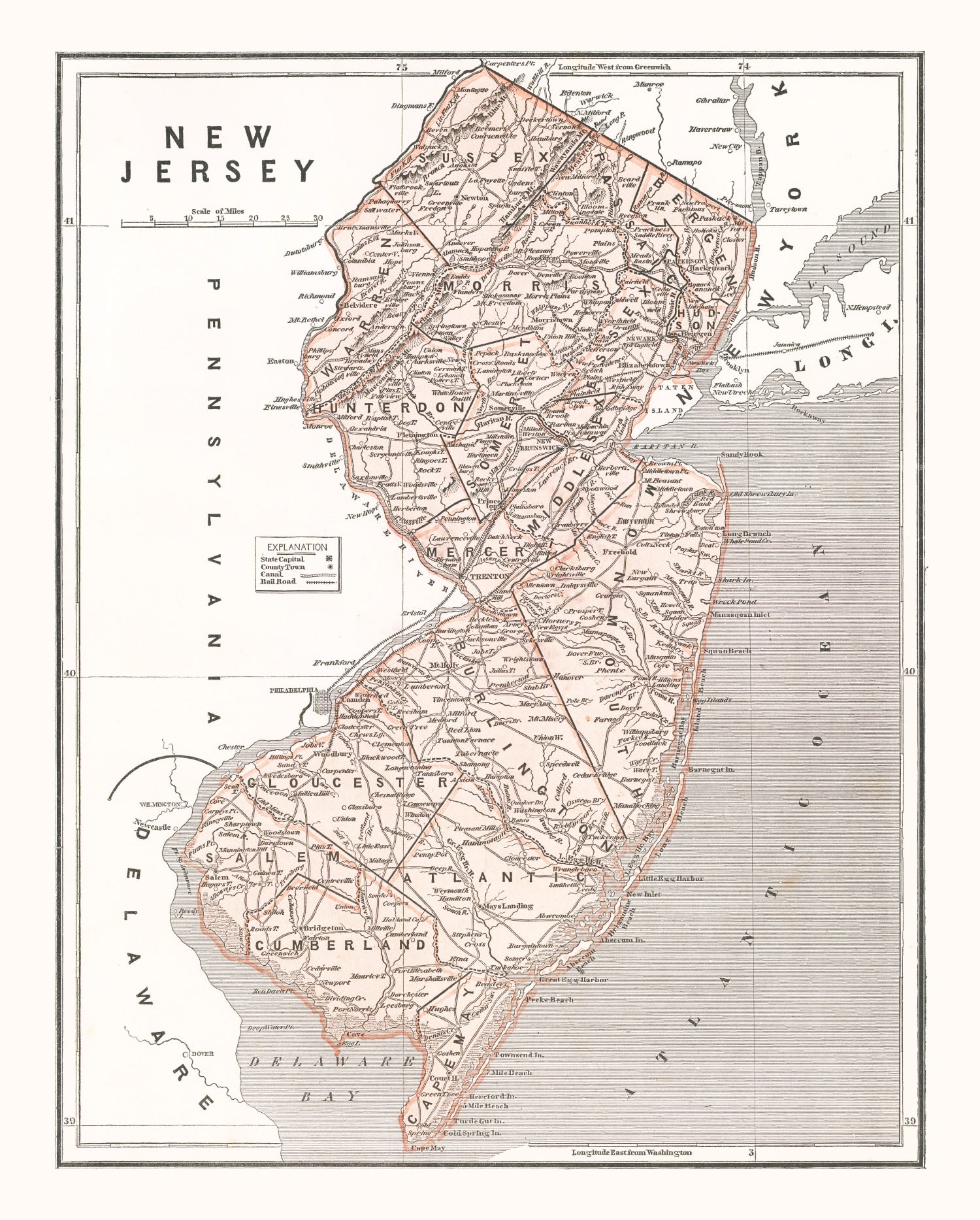 Vintage Map of New Jersey 1846