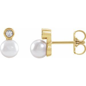 14K Yellow Gold Cultured White Akoya Pearl & .06 CTW Natural Diamond Earrings