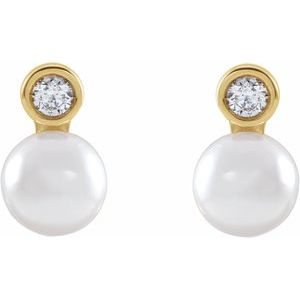 14K Yellow Gold Cultured White Akoya Pearl & .06 CTW Natural Diamond Earrings