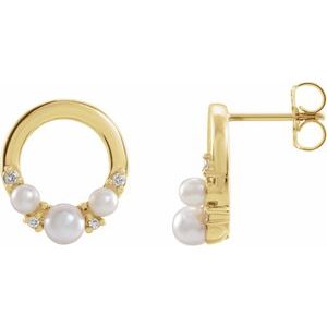 14K Yellow Gold Cultured White Seed Pearl & .06 CTW Natural Diamond Circle Earrings