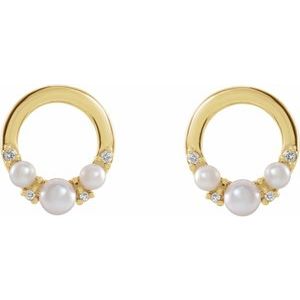 14K Yellow Gold Cultured White Seed Pearl & .06 CTW Natural Diamond Circle Earrings