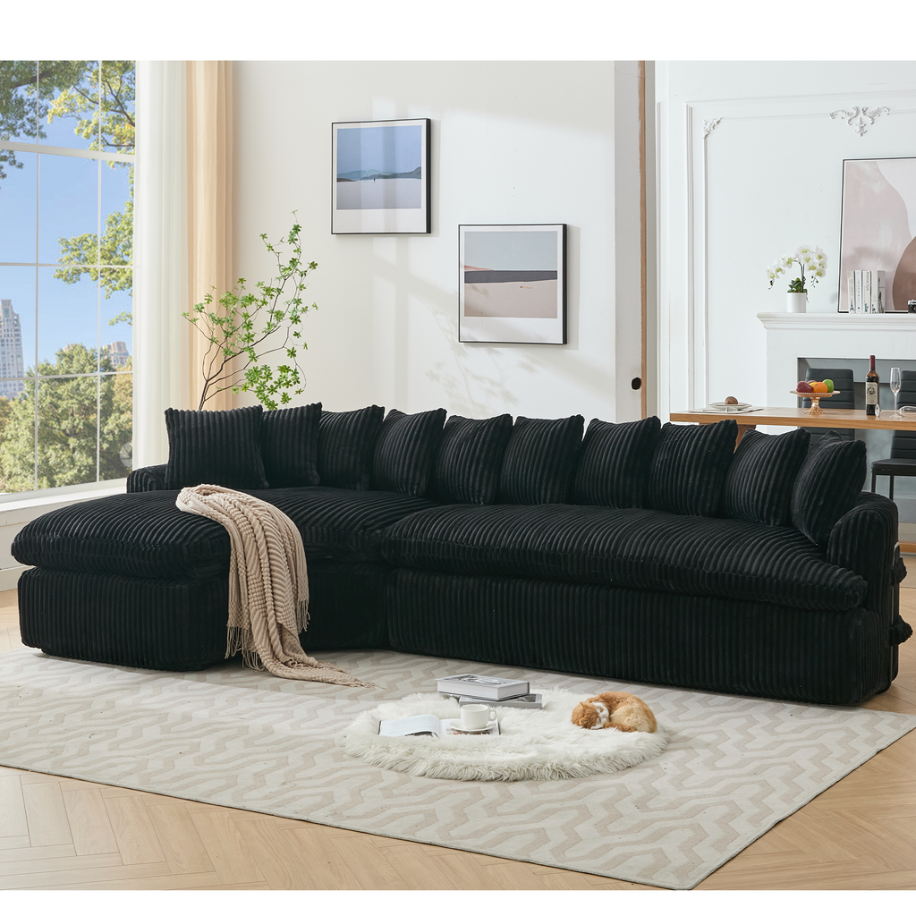 [NEW ARRIVED] [VIDEO PROVIDED]   127''  Large Sectional Sofa ,Elegant Curved Design ,High-Resilience Foam ,Ten Back Cushions,L-Shape Left Sofa,No Assembly  Required , (Black
-Soft Corduroy Fabric)