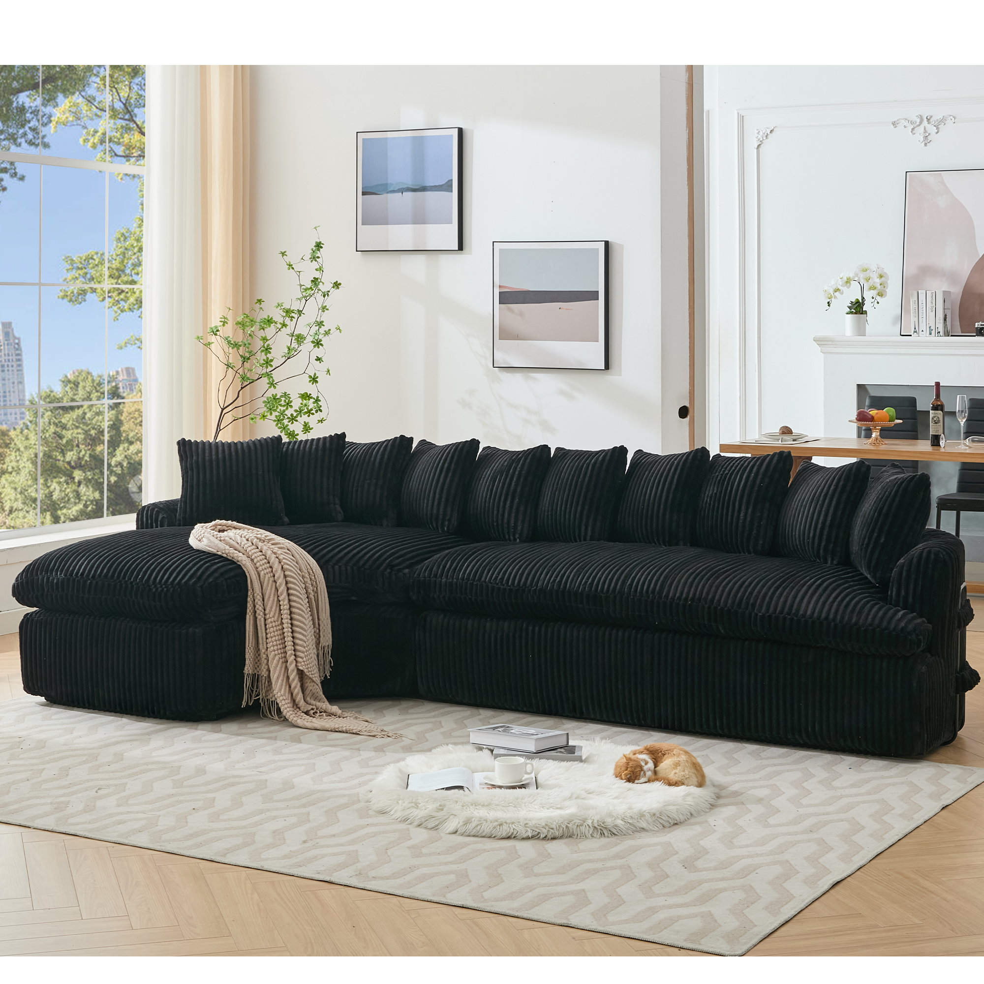 [NEW ARRIVED] [VIDEO PROVIDED]   127''  Large Sectional Sofa ,Elegant Curved Design ,High-Resilience Foam ,Ten Back Cushions,L-Shape Left Sofa,No Assembly  Required , (Black
-Soft Corduroy Fabric)