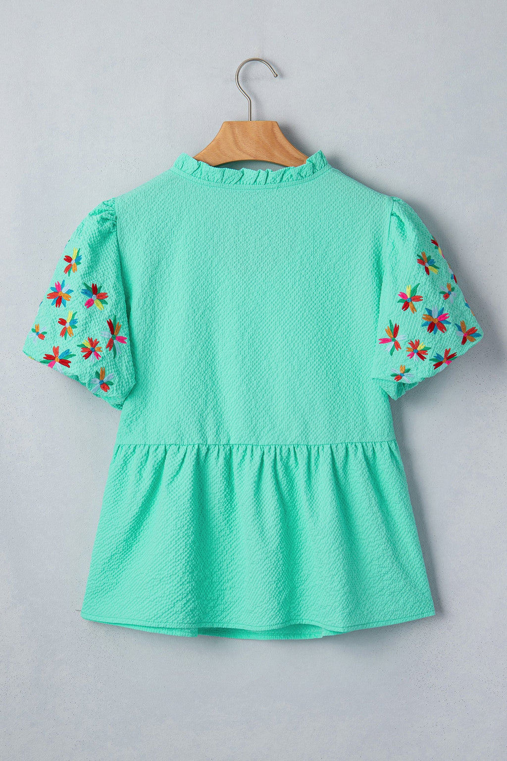 Flower Embroidered Puff Sleeve Frilled V-Neck Blouse