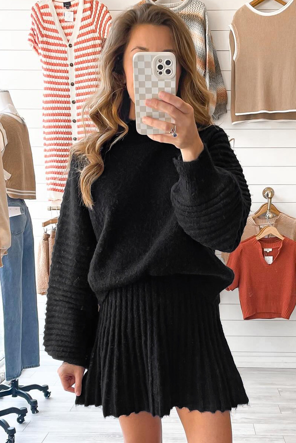 Solid High Neck Sweater and Pleated Mini Skirt Set