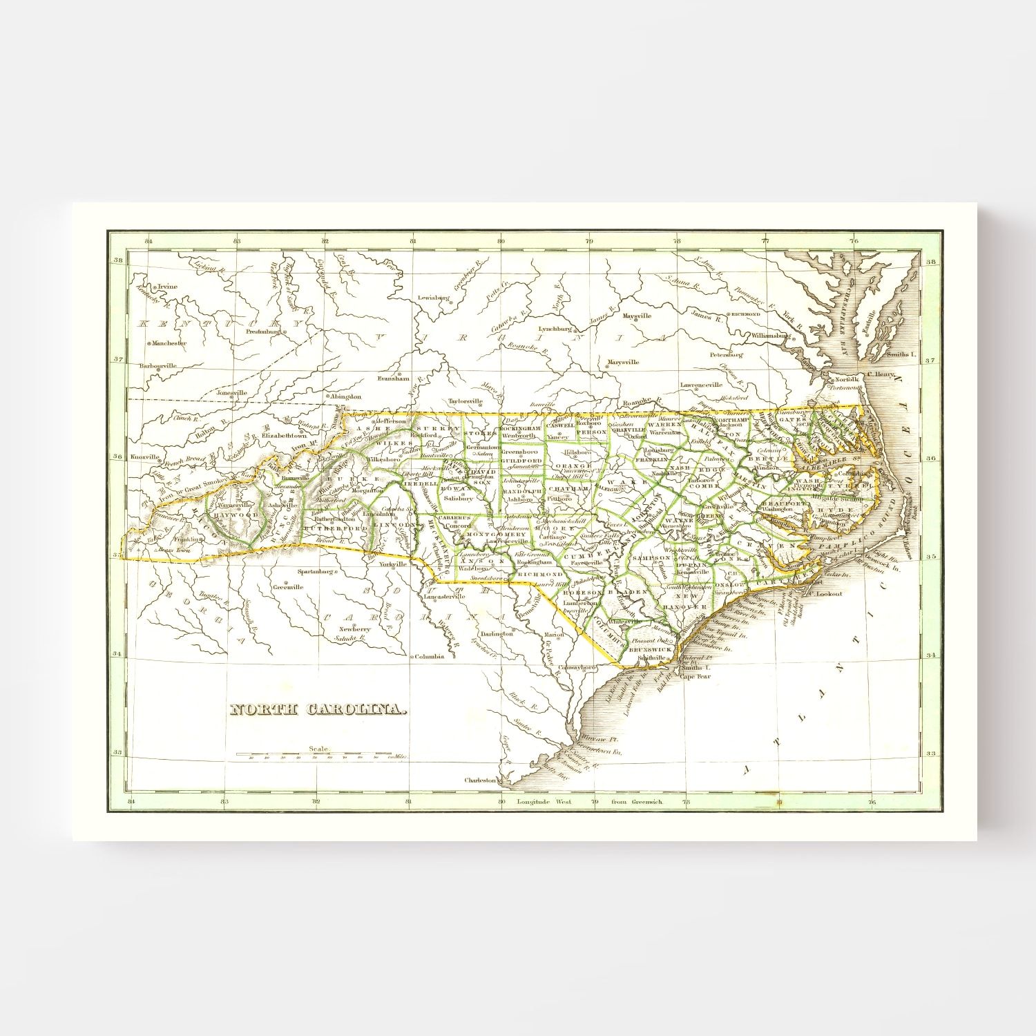 Vintage Map of North Carolina 1835