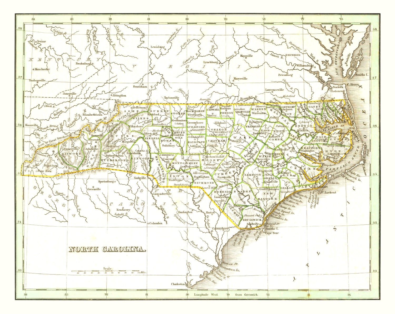 Vintage Map of North Carolina 1835