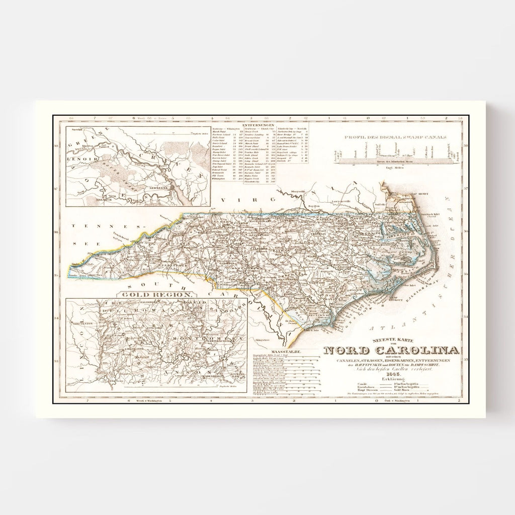 Vintage Map of North Carolina 1845