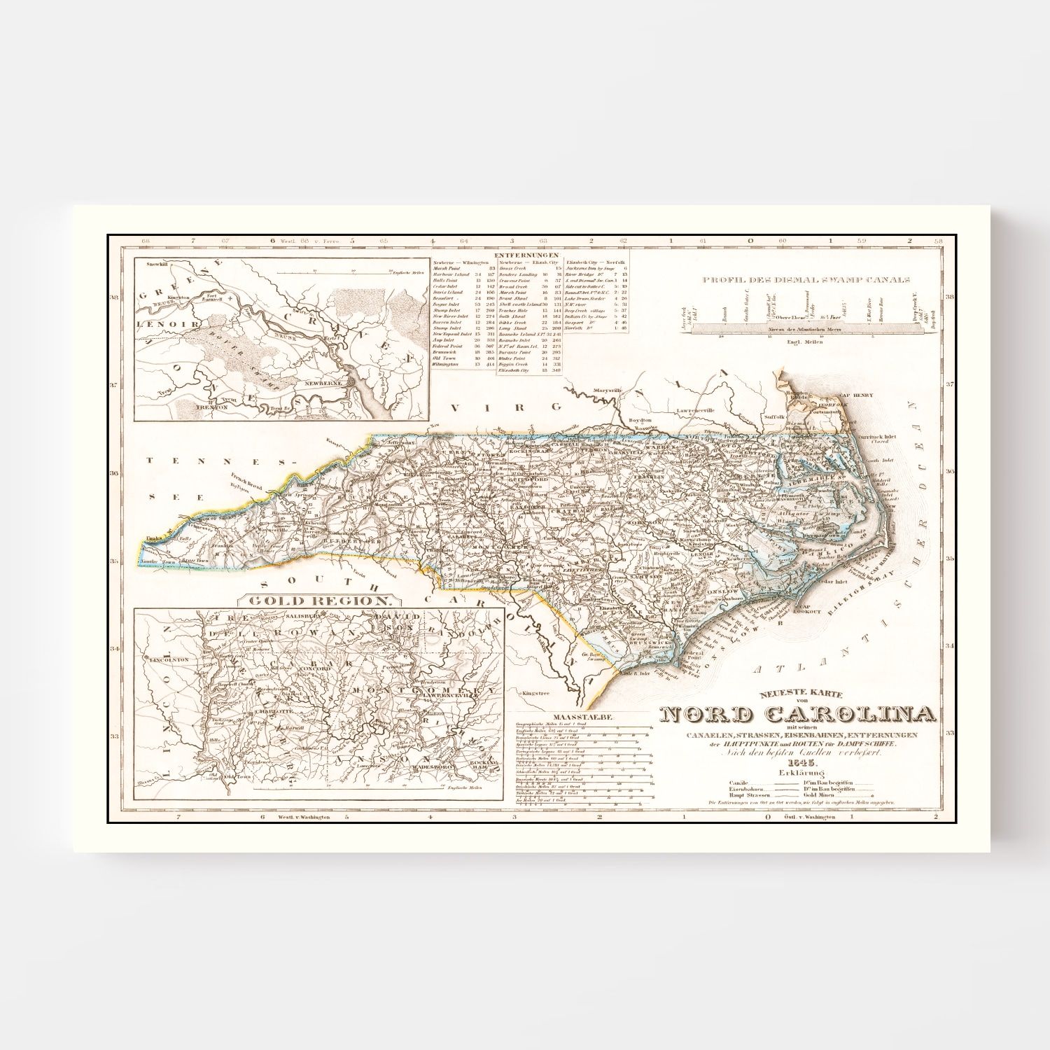 Vintage Map of North Carolina 1845