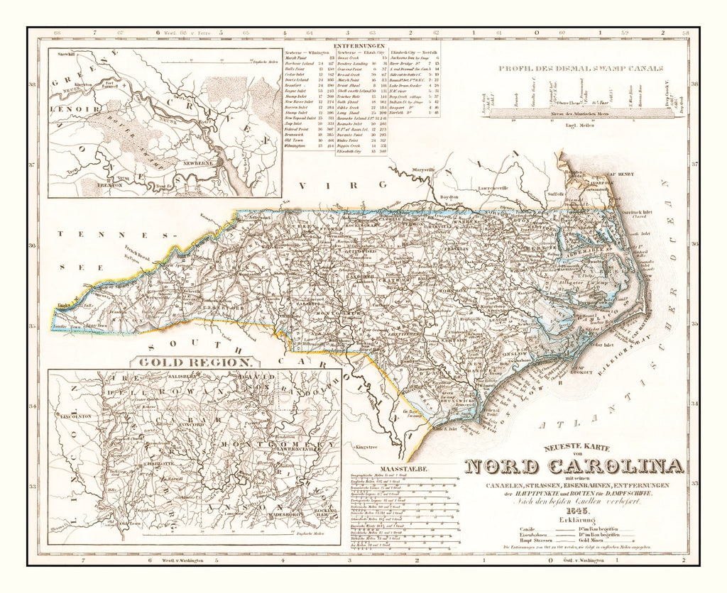 Vintage Map of North Carolina 1845