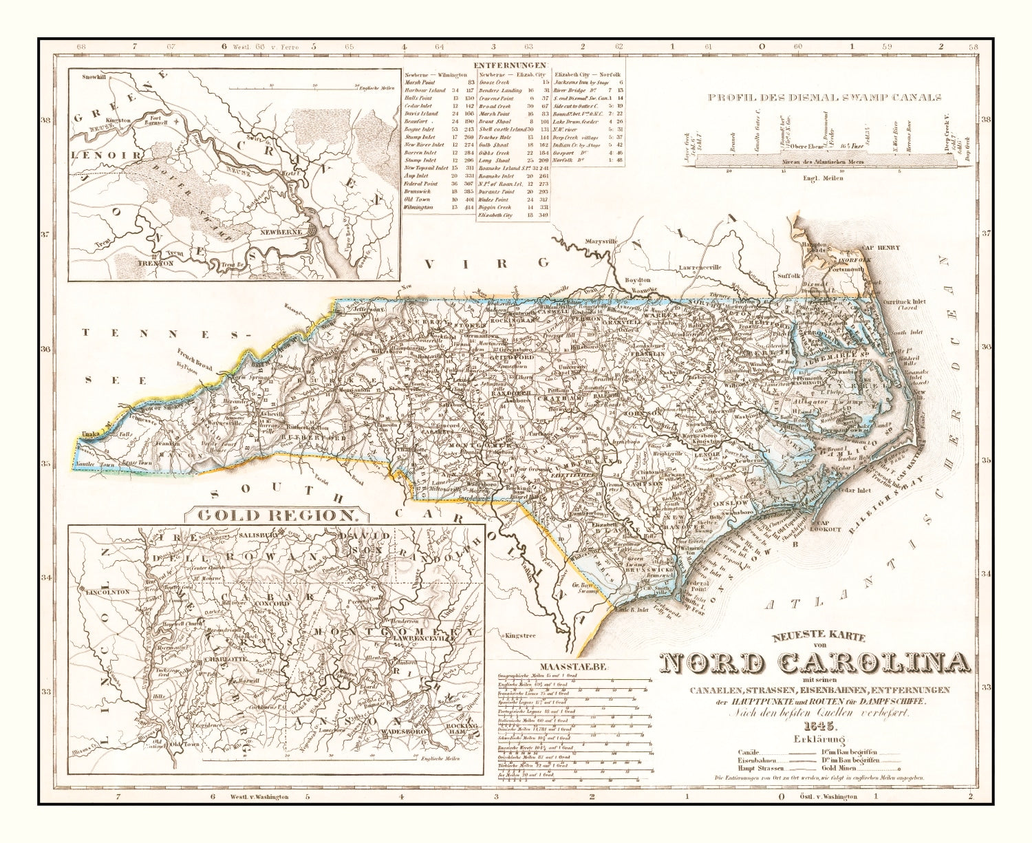 Vintage Map of North Carolina 1845