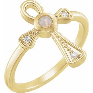 14K Yellow Gold Natural Ethiopian Opal & .04 CTW Natural Diamond Ankh Cross Ring