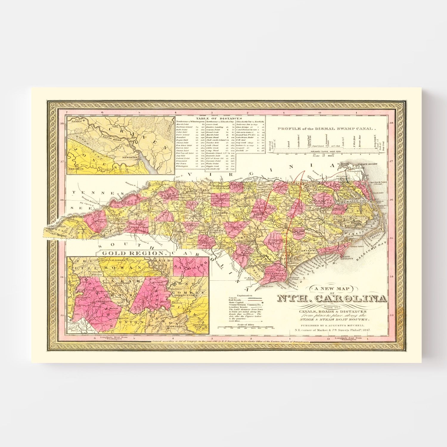 Vintage Map of North Carolina 1847
