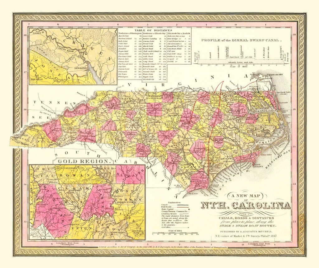 Vintage Map of North Carolina 1847