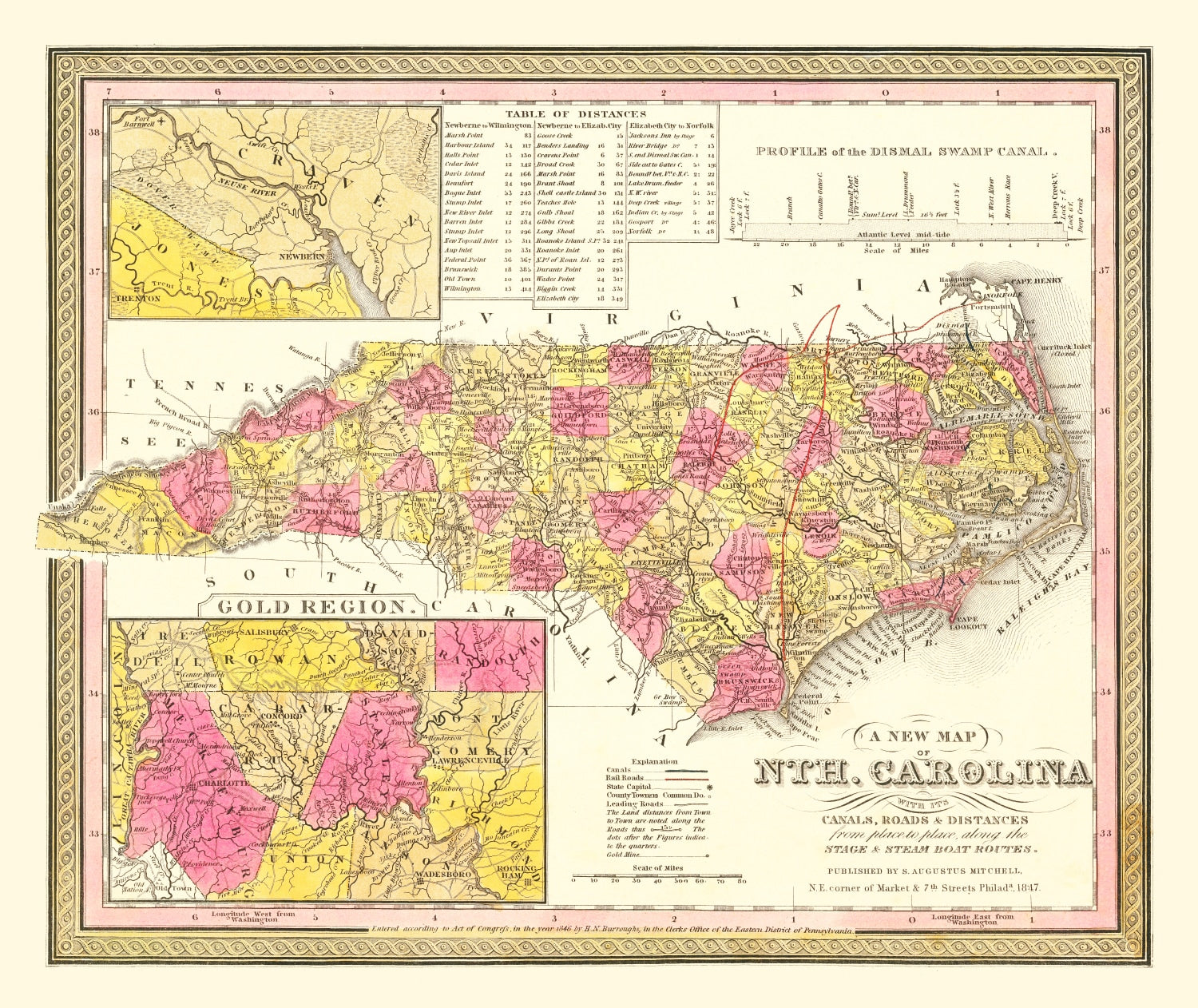 Vintage Map of North Carolina 1847