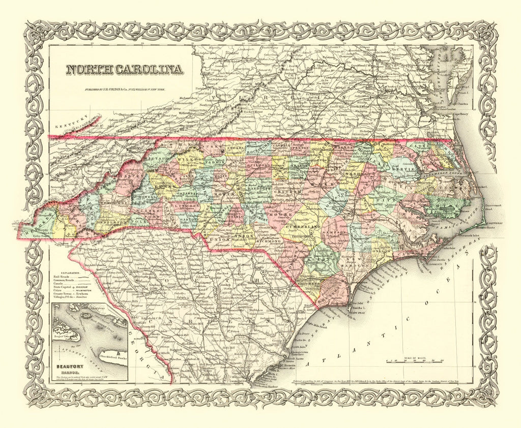 Vintage Map of North Carolina 1856