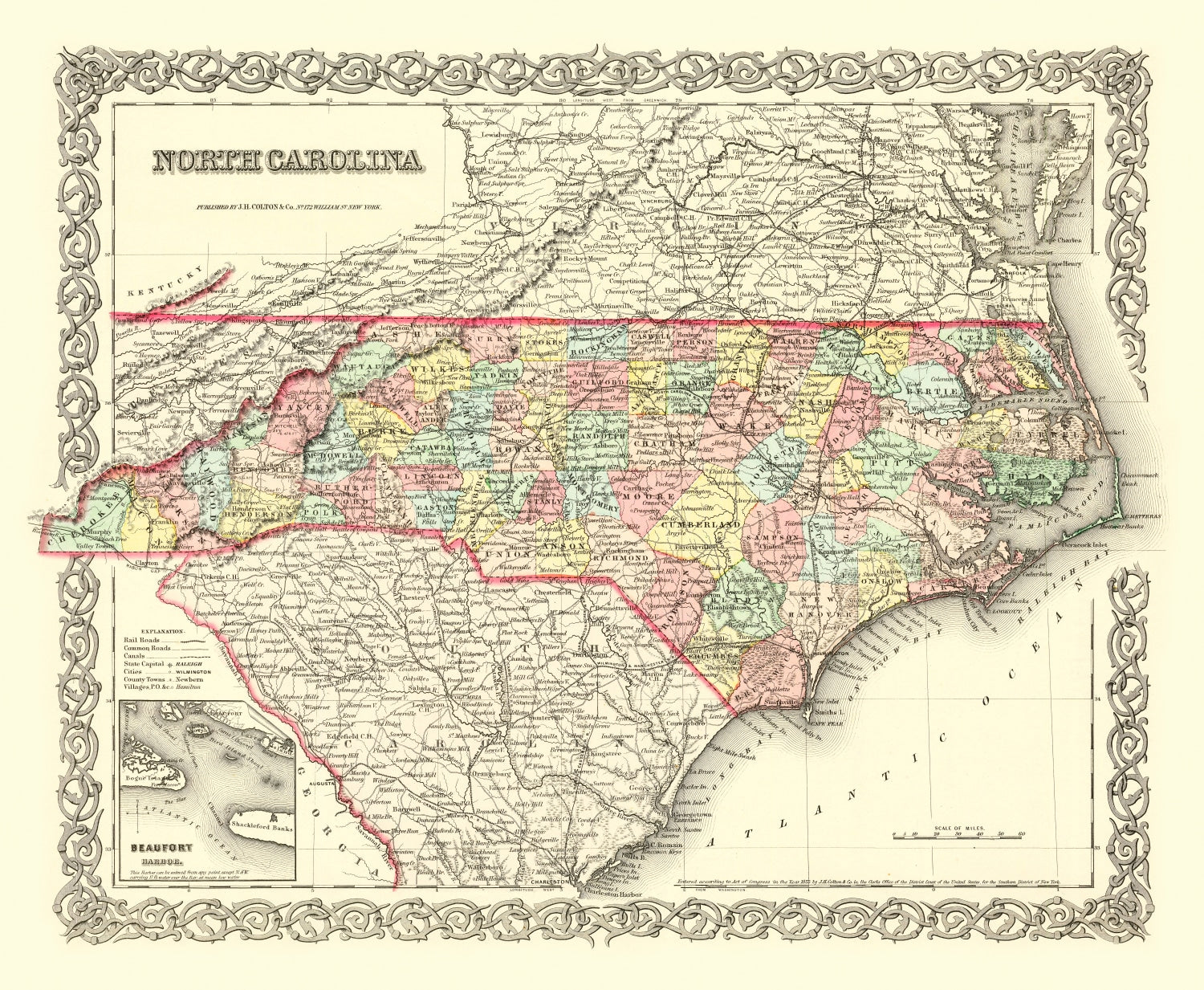 Vintage Map of North Carolina 1856