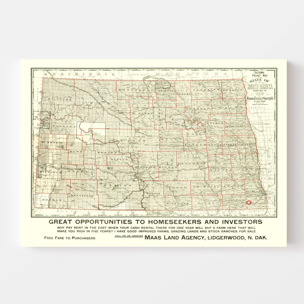 Vintage Map of North Dakota 1902
