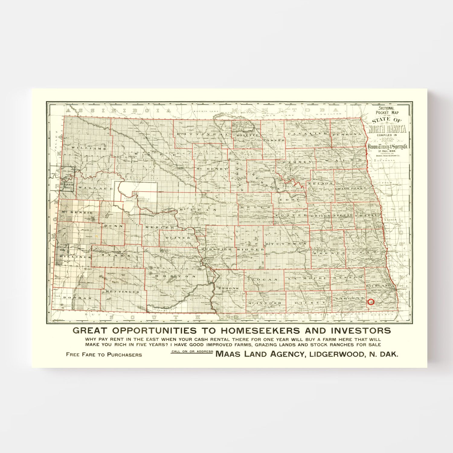 Vintage Map of North Dakota 1902