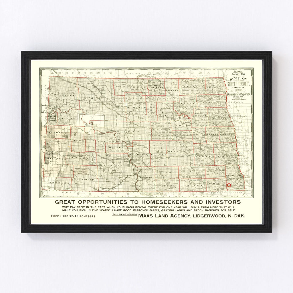 Vintage Map of North Dakota 1902