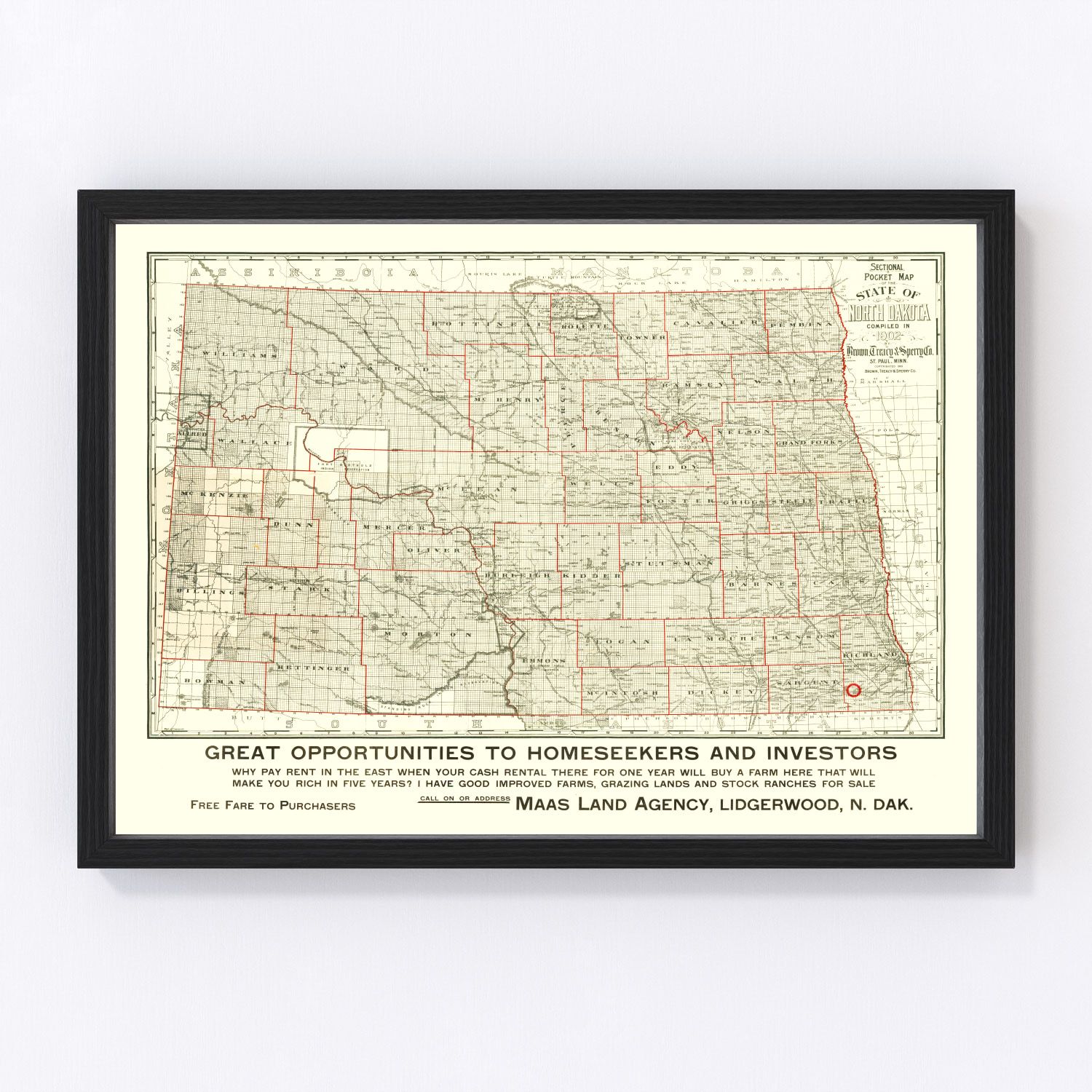 Vintage Map of North Dakota 1902