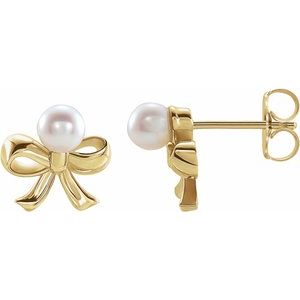 14K Yellow Gold Cultured White Akoya Pearl Bow Earrings