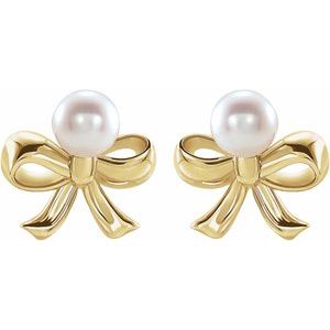 14K Yellow Gold Cultured White Akoya Pearl Bow Earrings