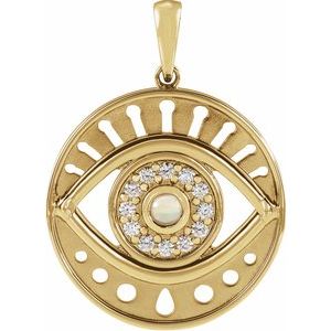 14K Yellow Gold Natural Ethiopian Opal & 1/6 CTW Natural Diamond Evil Eye Pendant