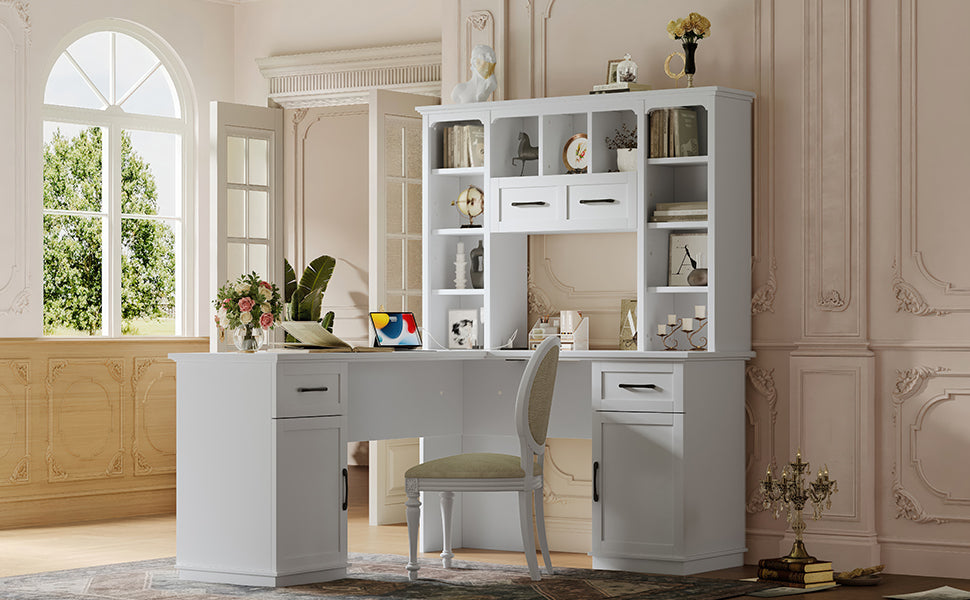 L-Shaped Computer Desk with 2 Cabinets and 2 Drawers, 11 Open Shelves , with Electrical Outlet, for Study, Living Room and Office, White