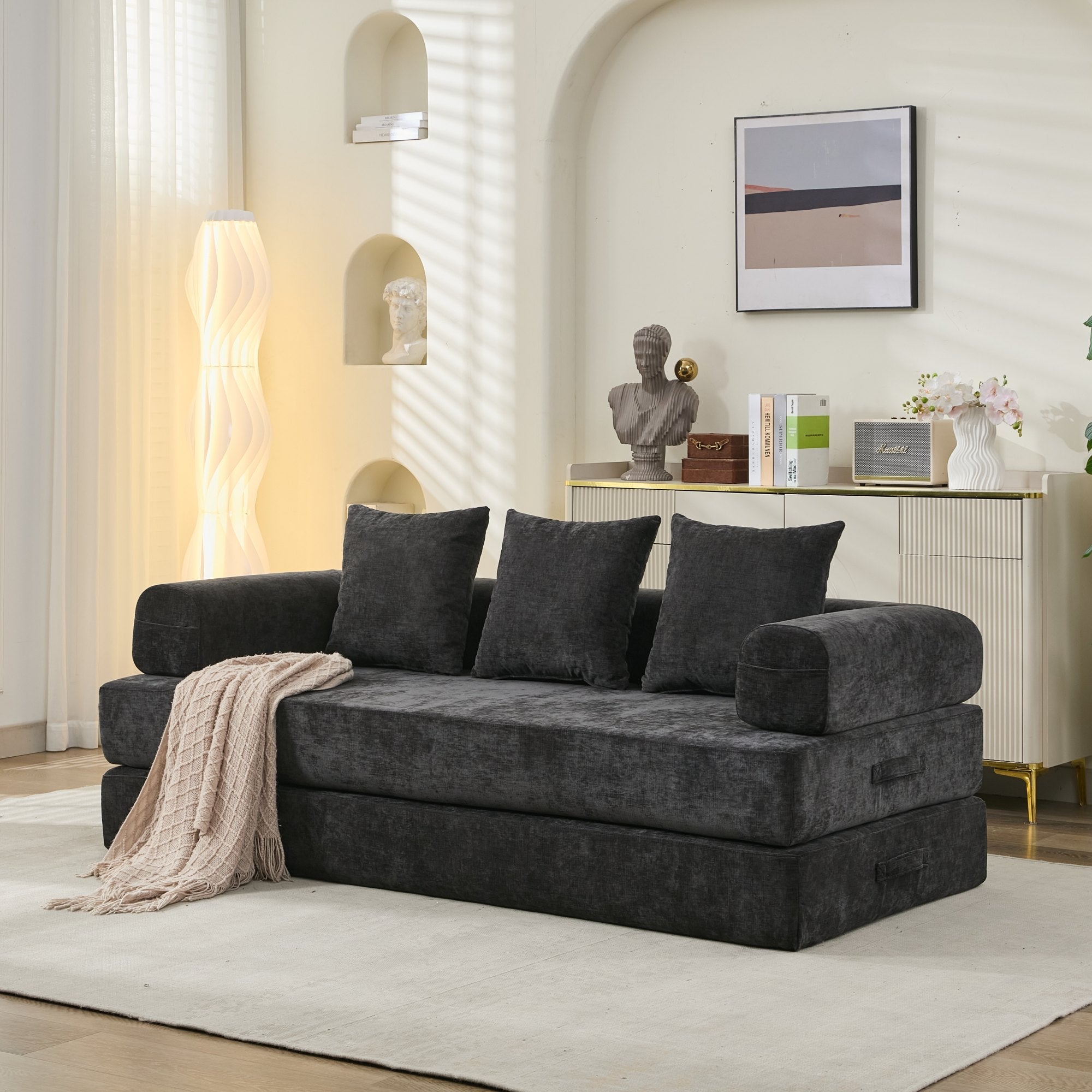Comfy Convertible Folding Mattress Couch, Floor Sofa Bed, Chenille Floor Sofa with Armrest, Floor Sofa Lounge Couch for Living Room Bedroom Lounge Studio-Black