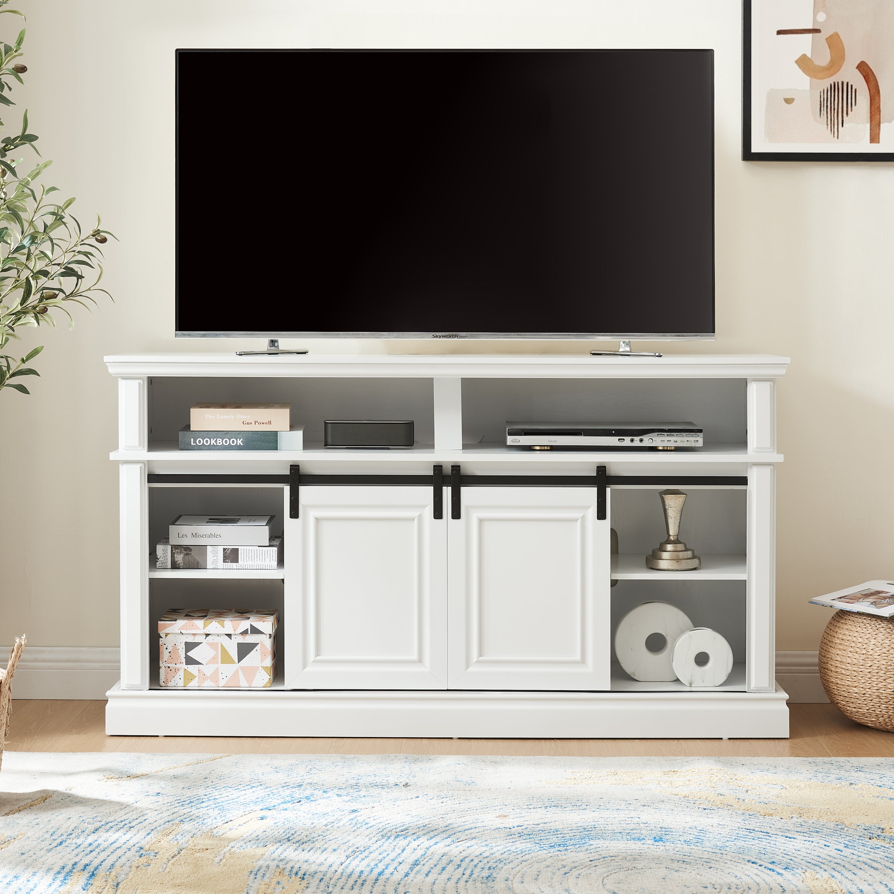 Media Console Table with Storage Cabinet, Mid Century Modern TV Console with 23' Fireplace Insert, Multipurpose Sliding Door TV Cabinet  Large Storage Space, 58.11'W*15.79'D*32.36'H Antique White