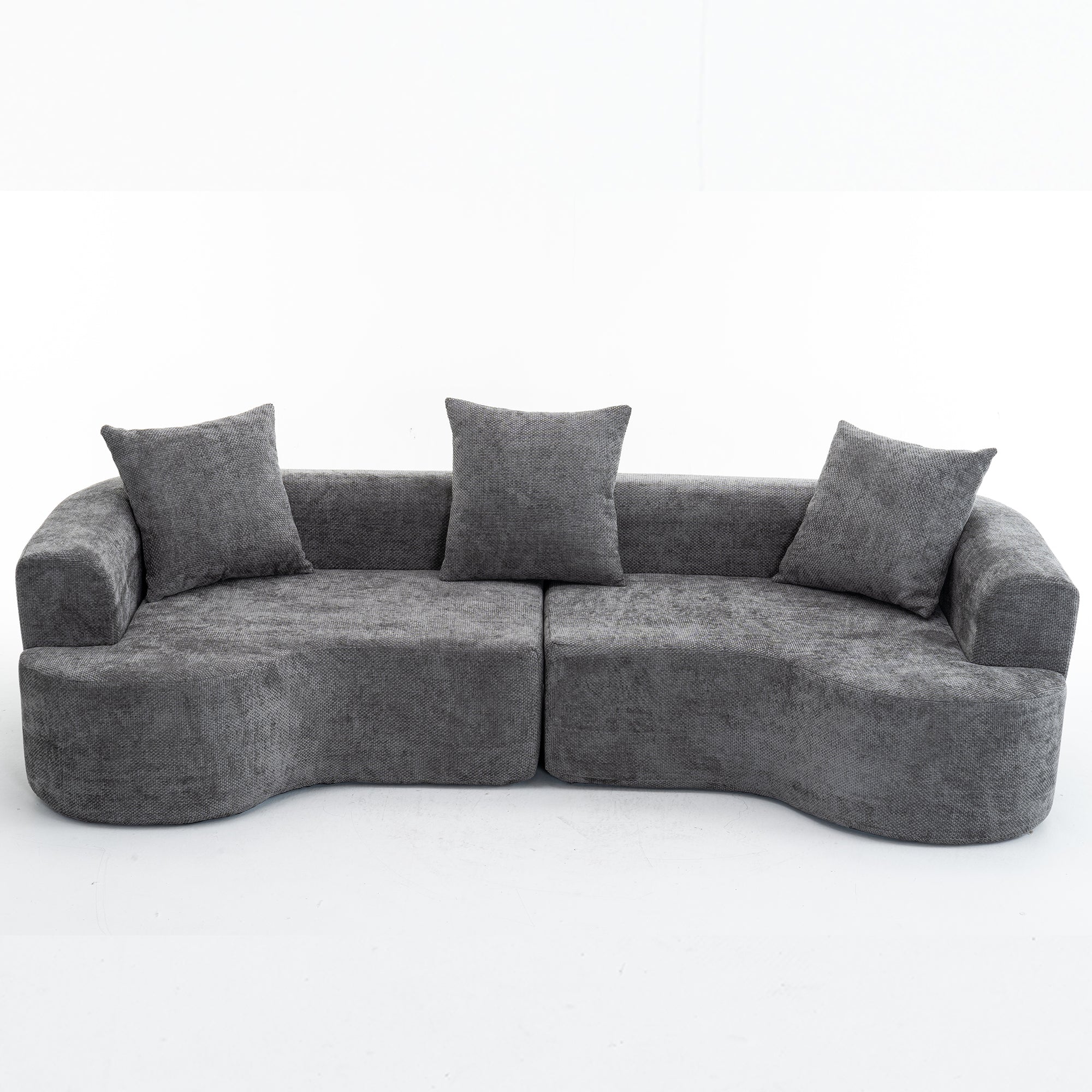Modern Style Gray Curved Sofa, Soft Cushioned Corduroy Sofa with 3 Pillows, Living Room Cream White Super Smooth Curved Fabric Sofa