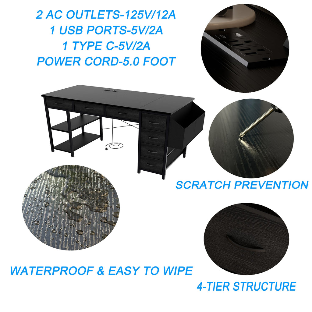 47.3' Computer Desk with 7 Drawers, Extra Large Side Pocket, and Power Outlets – Ideal for Home Office, Study, or Gaming –  Black