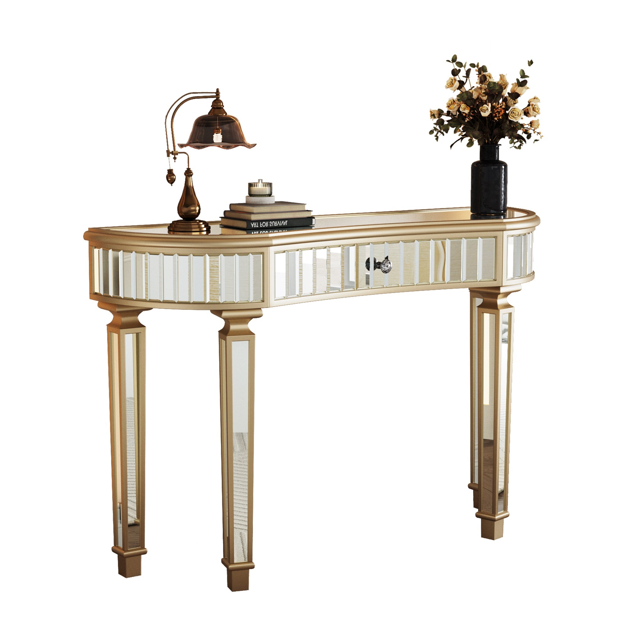 47' Half-Moon Mirrored Console Table with Fluted Glass & Crystal Knob Drawer - Silver Entryway Vanity Desk for Bedroom/Dressing Room(Gold+Sliver)
