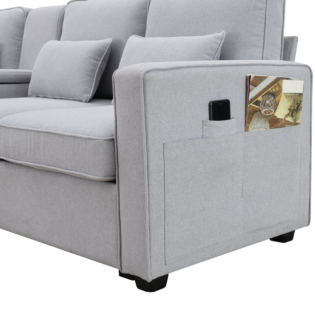 [VIDEO provided] [New] 104' 4-Seater Modern Linen Fabric Sofa with Armrest Pockets and 4 Pillows,Minimalist Style Couch for Living Room, Apartment, Office,3 Colors