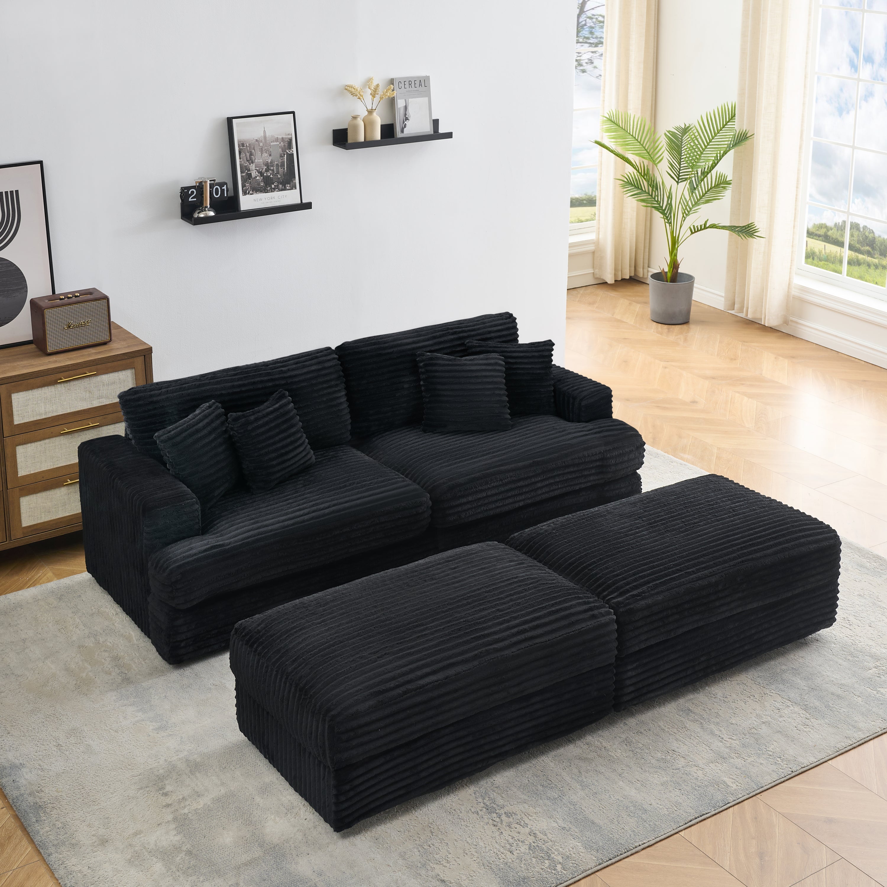 82 inches black corduroy sofa, two storage feet +4 throw pillows, create a living room, office fashion new darling!
