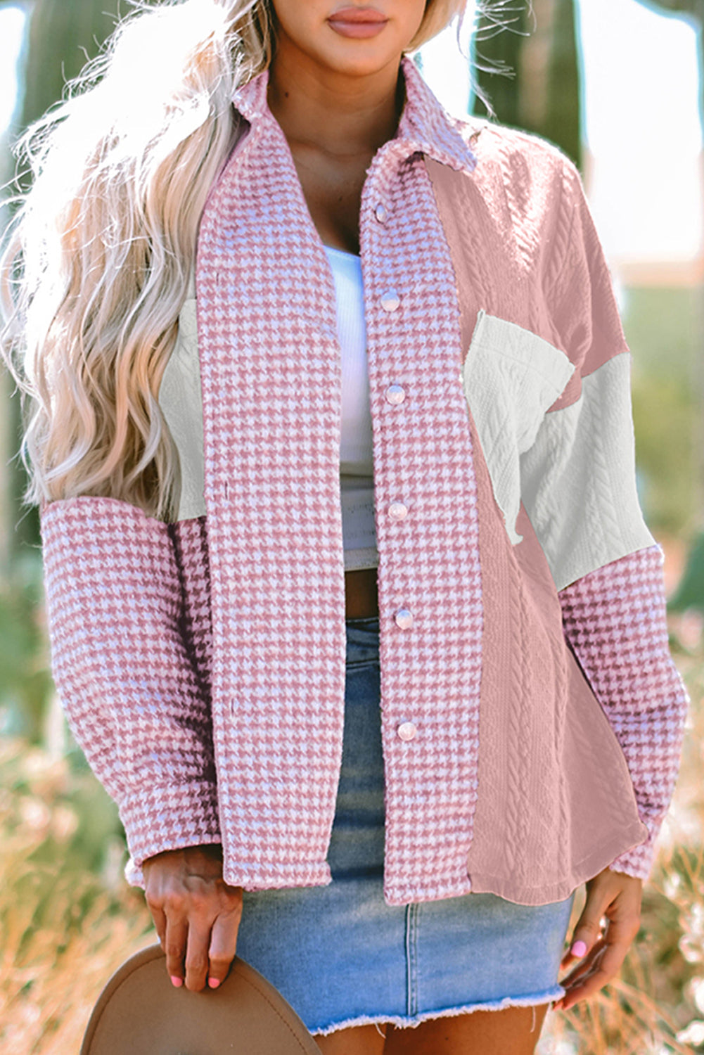 Houndstooth Colorblock Textured Patchwork Shacket