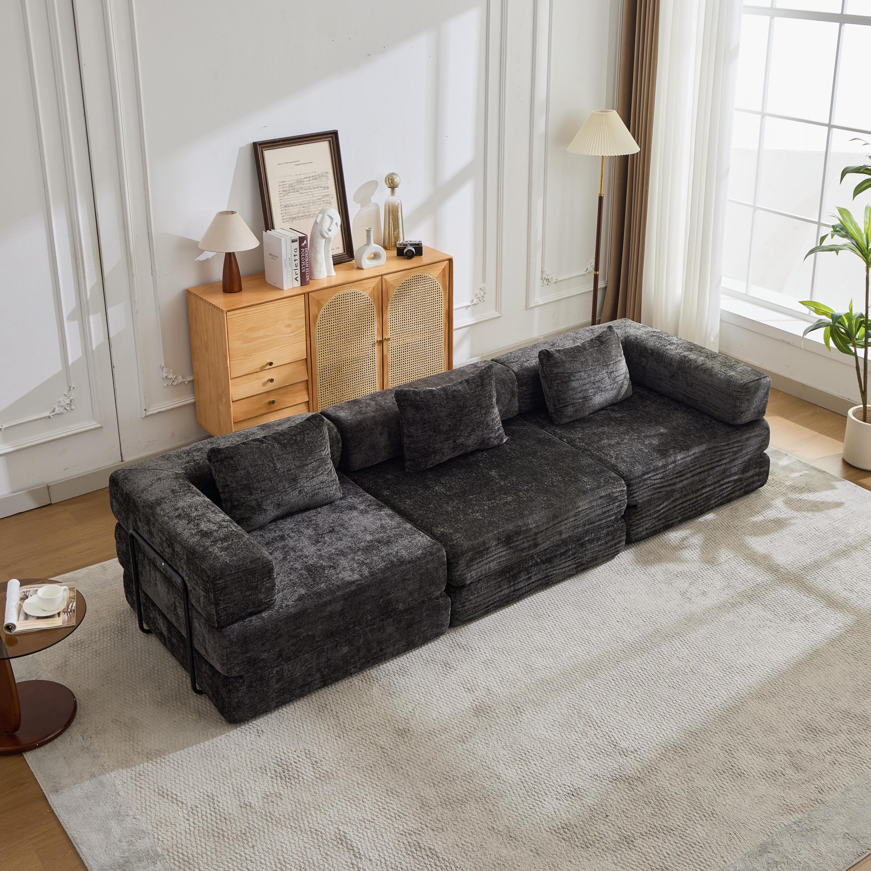 Compression Sofa,Convertible Floor Sofa Bed with Fixed-Shape Frame, Boneless Modular Sectional Sofa,No Assembly Required,Chenille fabric,for Living Room Bedroom,Black