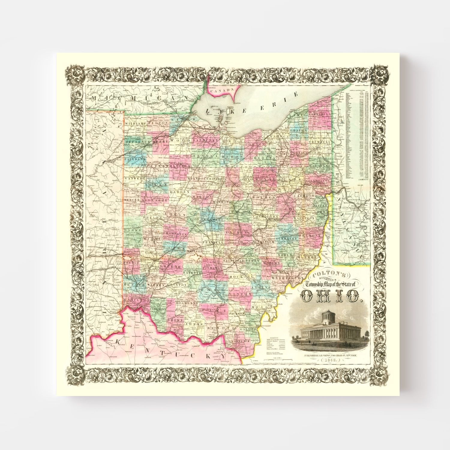 Vintage Railroad Map of Ohio 1852