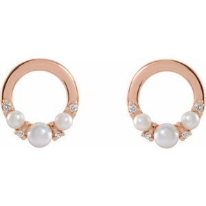 14K Rose Gold Cultured White Seed Pearl & .06 CTW Natural Diamond Circle Earrings