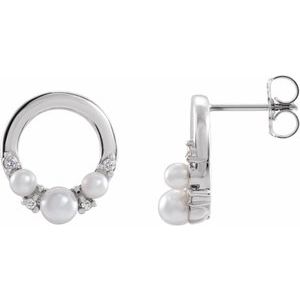 Sterling Silver Cultured White Seed Pearl & .06 CTW Natural Diamond Circle Earrings