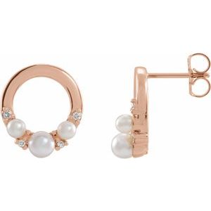 14K Rose Gold Cultured White Seed Pearl & .06 CTW Natural Diamond Circle Earrings