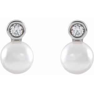 Sterling Silver Cultured White Akoya Pearl & .06 CTW Natural Diamond Earrings