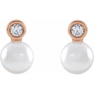 14K Rose Gold Cultured White Akoya Pearl & .06 CTW Natural Diamond Earrings