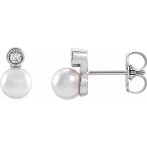 Platinum Cultured White Akoya Pearl & .06 CTW Natural Diamond Earrings