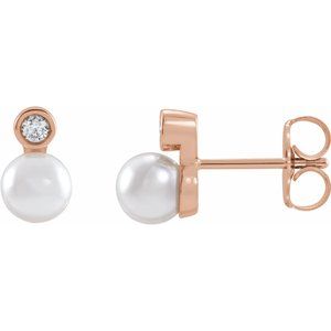 14K Rose Gold Cultured White Akoya Pearl & .06 CTW Natural Diamond Earrings